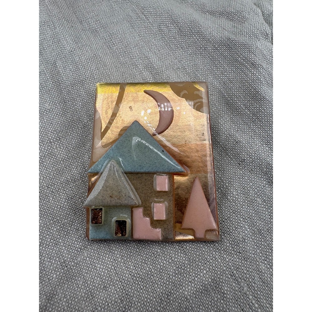 House Pins by Lucinda Yates Vintage Village Moon Resin Brooch Pin Gold Pink Blue